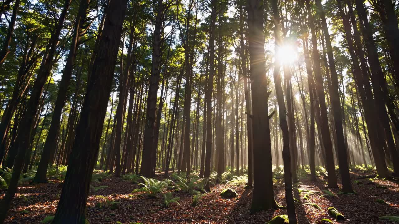 La luce solare filtra attraverso gli alberi della foresta