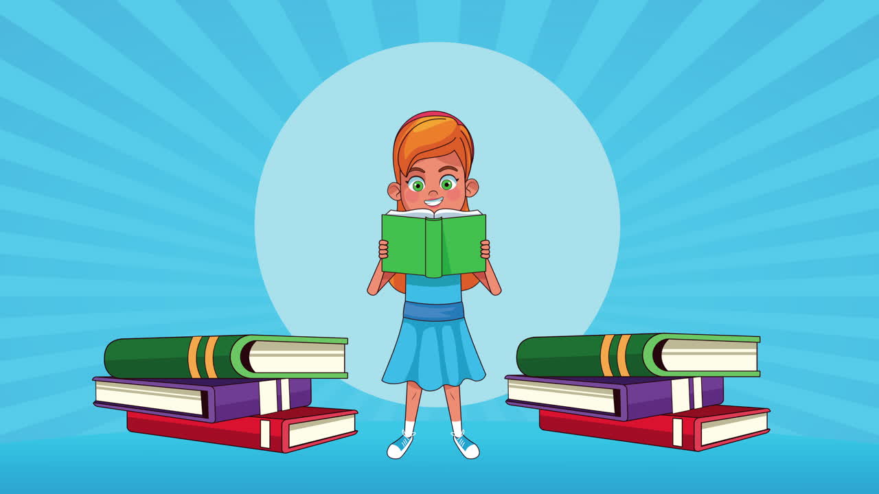 niña estudiante leyendo libros personaje animado
