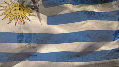 animation of flag of uruguay over diverse male soldiers