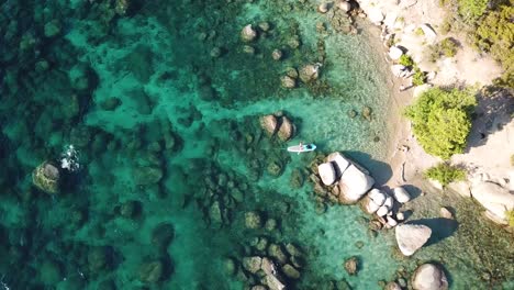 Lebhafte-Küste-Mit-Türkisfarbenem-Alpenwasser-Und-Paddelboarder-Am-Lake-Tahoe-Usa,-Top-down-drohne-Aus-Der-Luft