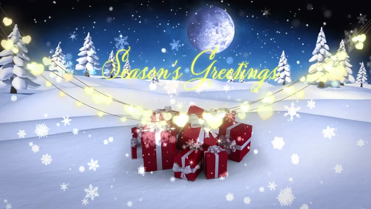 Animation of season's greetings text with fairy lights over christmas presents and winter landscape