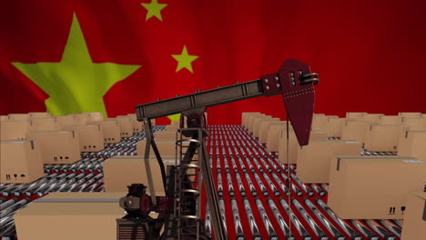 animation of pumping oil derrick and boxes on conveyor belts at warehouse over flag of china