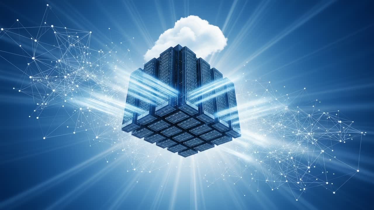 A futuristic data storage solution displayed in a digital environment, showcasing cloud integration and advanced technology with connecting networks and particles of light