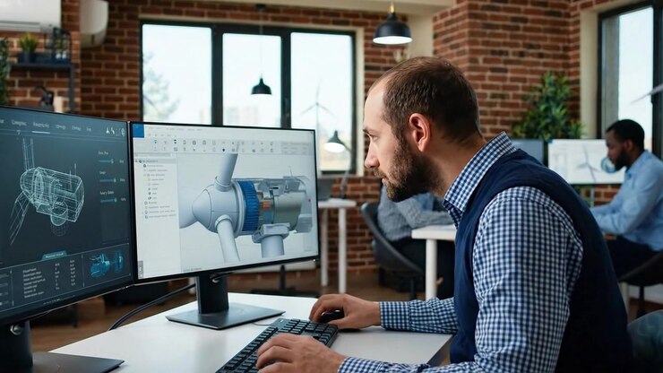 Engineer Working on Wind Turbine 3D Design in Modern Office