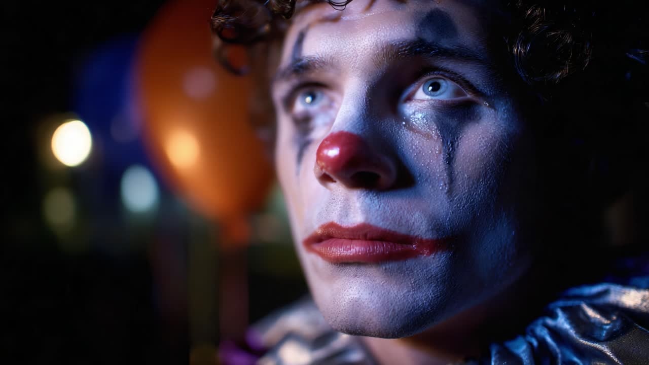 A contemplative clown gazes into the distance, embodying a mix of emotions as colorful balloons and soft lighting create an intriguing atmosphere around him
