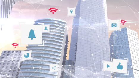 animation of digital icons floating over cityscape