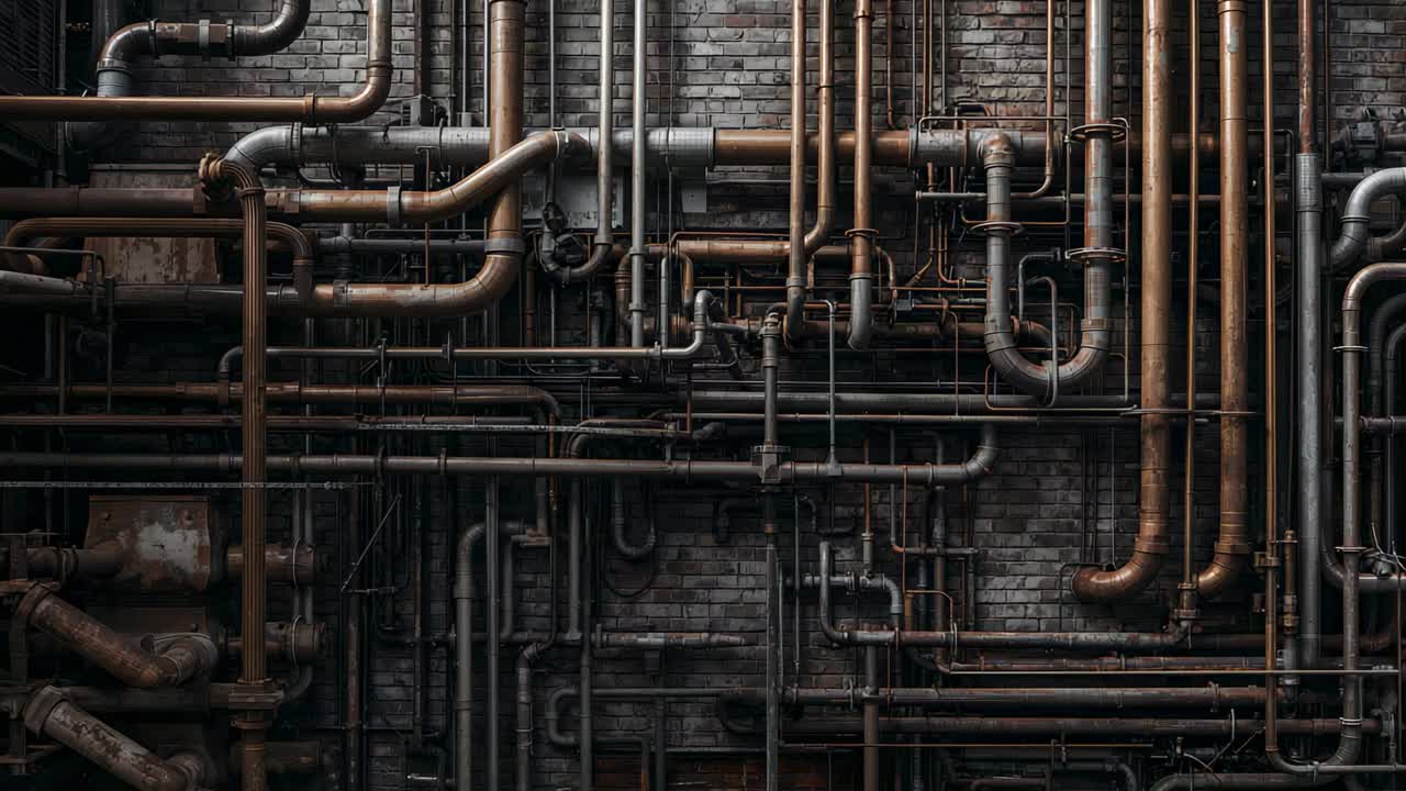 Recording camera holding steady view of metal pipes in boiler room for survey, with rusted flanges
