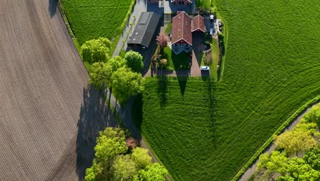 solar panels on roof of farmers house with stable at sunset time. aerial top down flyover shot. farm fields with cropland and countryside. small junction in rural district of town.