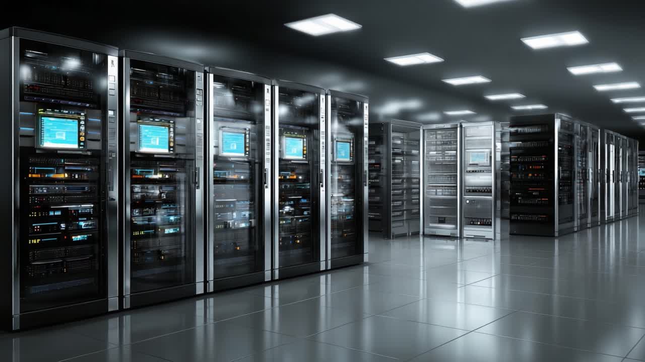 A modern data center showcasing rows of high-performance servers, illuminated screens, and sleek metal casing, reflecting the technological advancements in information storage