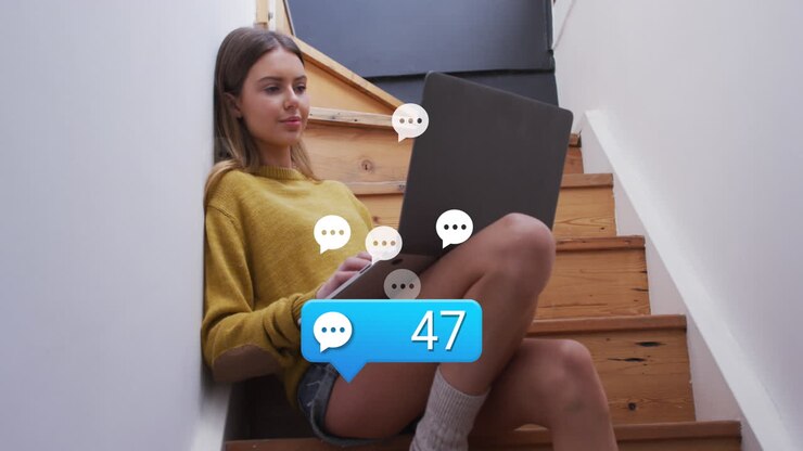 Animation of social media data processing over caucasian woman using laptop