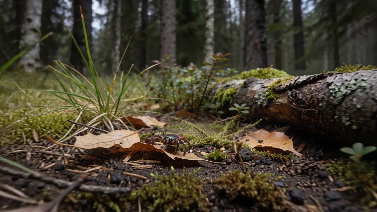 Piccolo scarabeo marrone che striscia sul pavimento muschioso del bosco, la telecamera si allontana rivelando i tronchi.