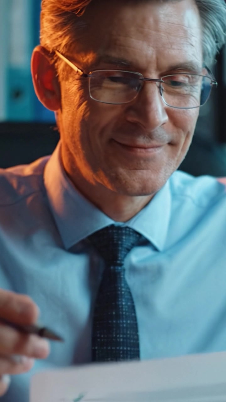 A focused professional reviewing important documents, showcasing concentration and diligence in an office setting with emphasis on office supplies and paperwork.
