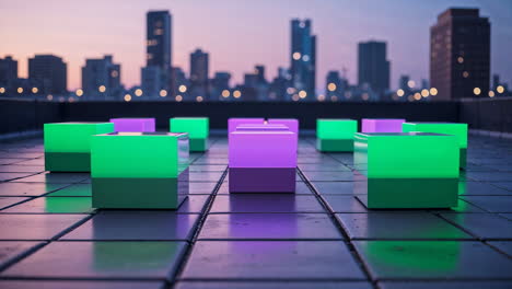 glowing cubes on a city rooftop at dusk