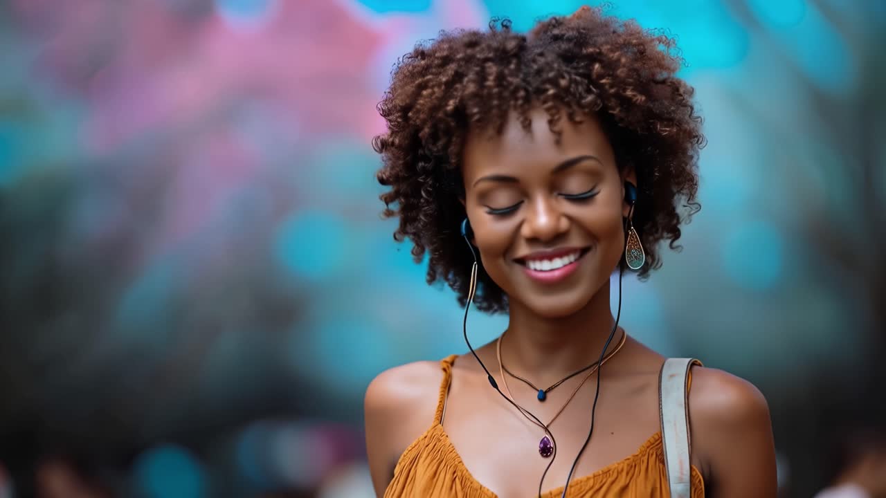 Donna con capelli ricci sorride serenamente, occhi chiusi. Indossa un top arancione vivace, con gli auricolari, godendosi la musica. Lo sfondo sfoca con luci vivide e colorate del festival.