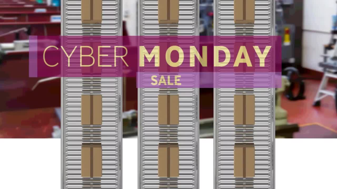 컨베이어 벨트에 있는 카드보드 상자 위에 있는 사이버 월요일 판매 텍스트의 애니메이션