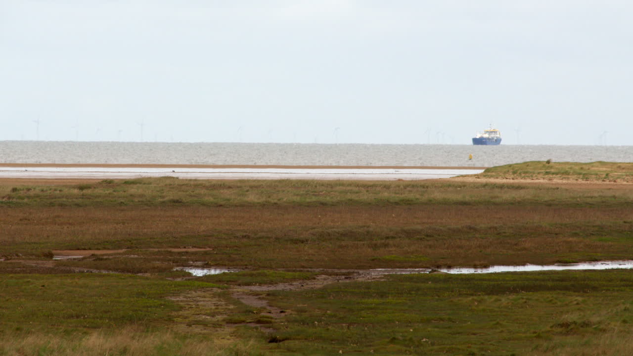 Wide shot of tidal mud flats with Sea and cargo ship in background at Saltfleet, Louth, Lincolnshire