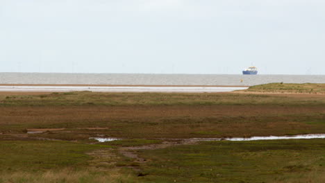 tomada amplia de las llanuras de barro de marea con el mar y el barco de carga en el fondo en saltfleet, louth, lincolnshire