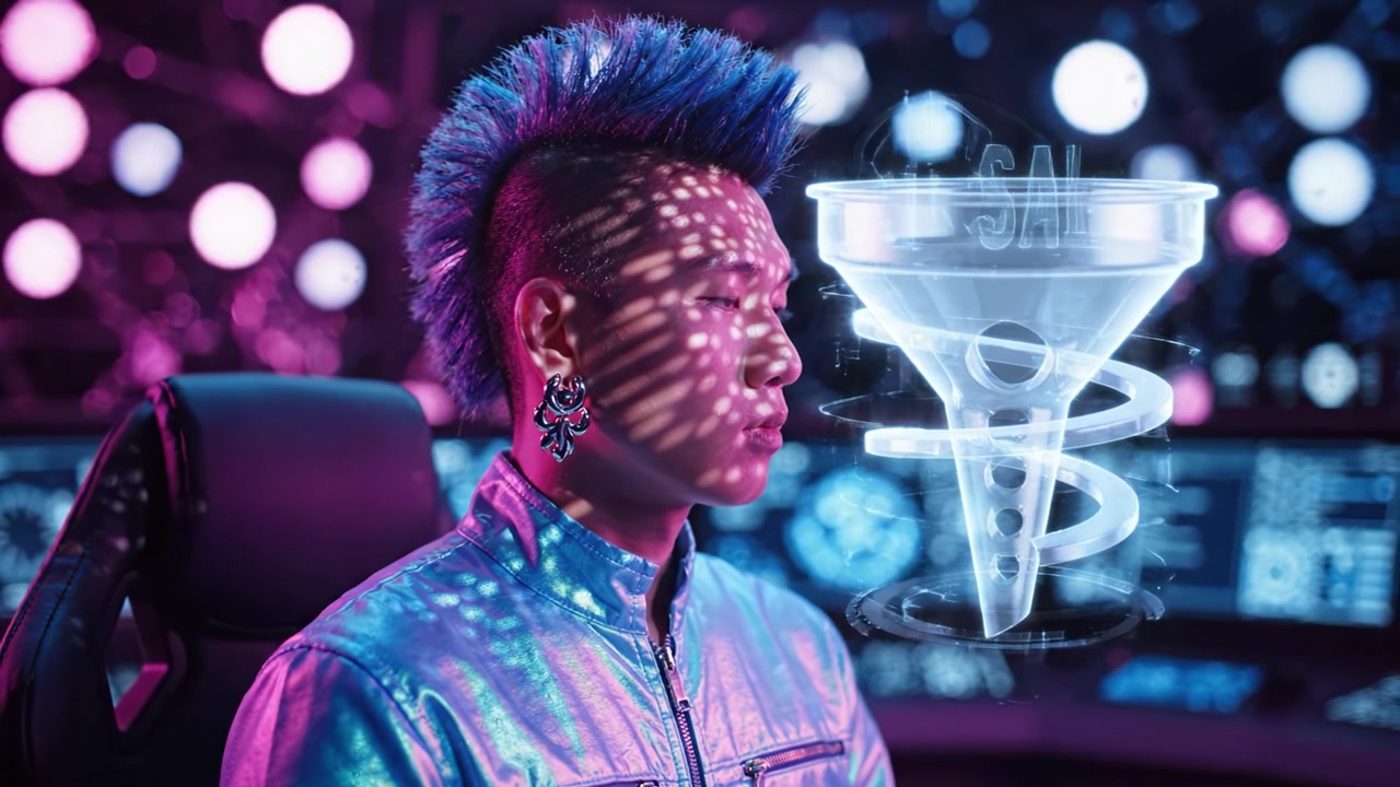 A futuristic individual with vibrant blue hair and reflective attire sits in a high-tech environment, illuminated by abstract light patterns and digital interfaces.