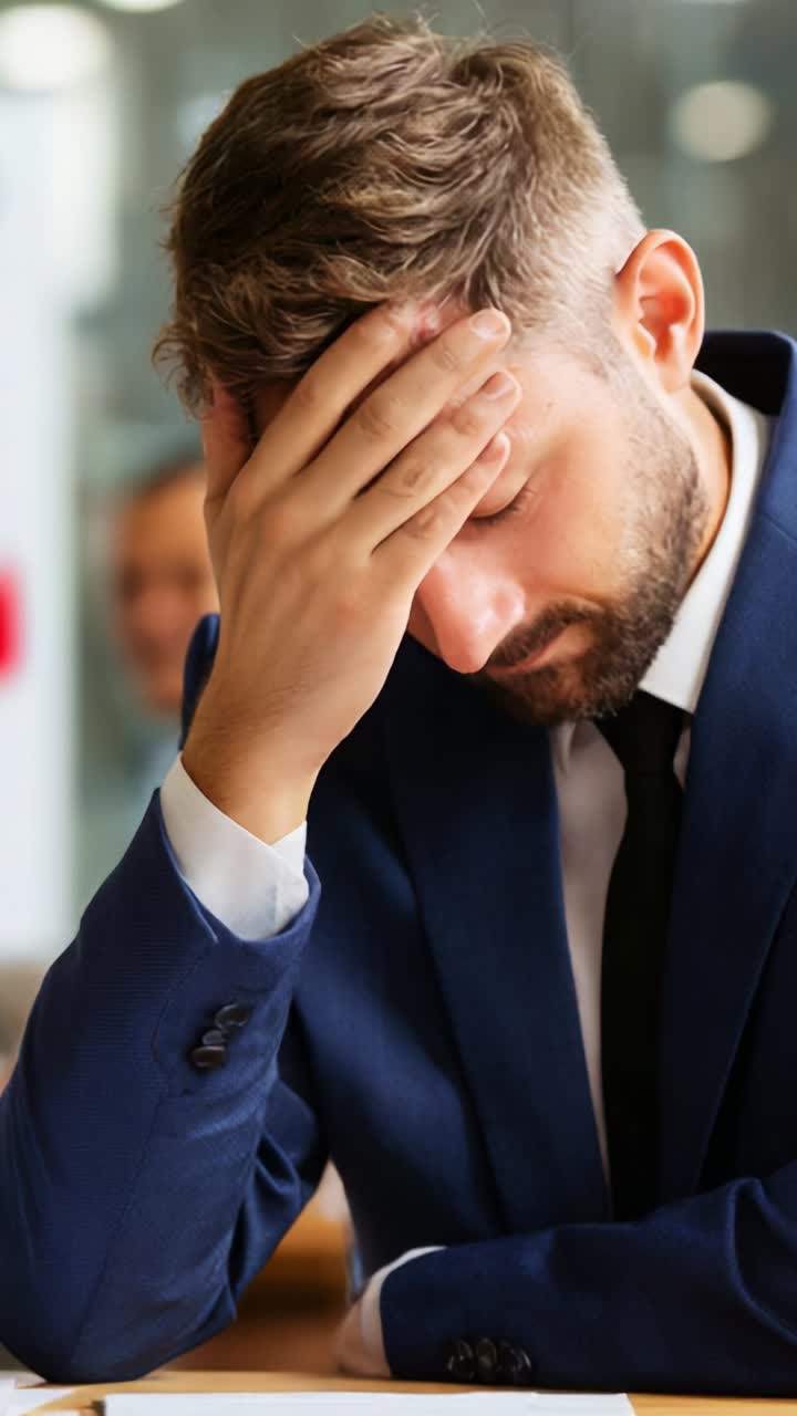 A man in a suit appears distressed as he rests his head in his hand, conveying a sense of frustration or stress in a professional environment