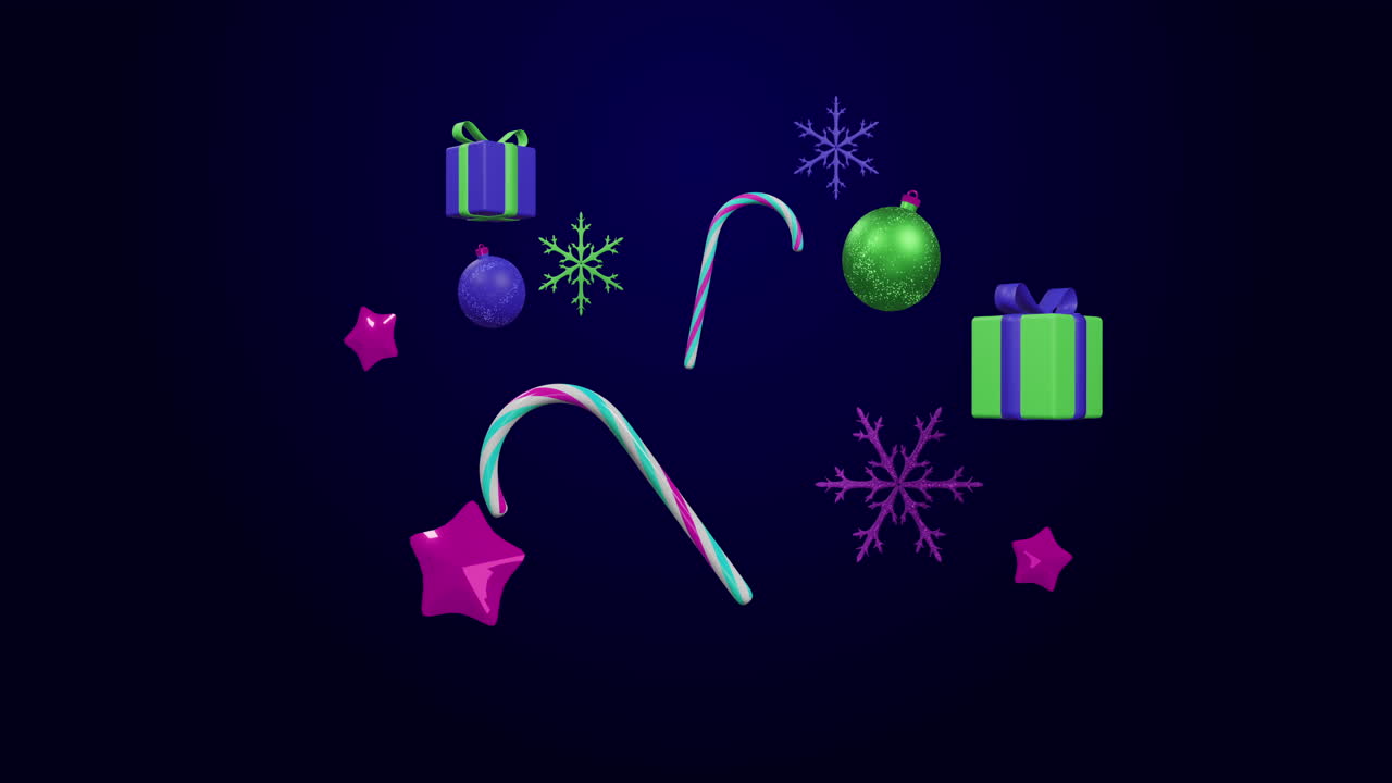 Animation of christmas presents and decorations on black background