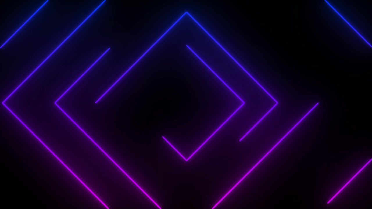 Forme a diamante futuristiche con neon blu e viola in movimento su sfondo nero