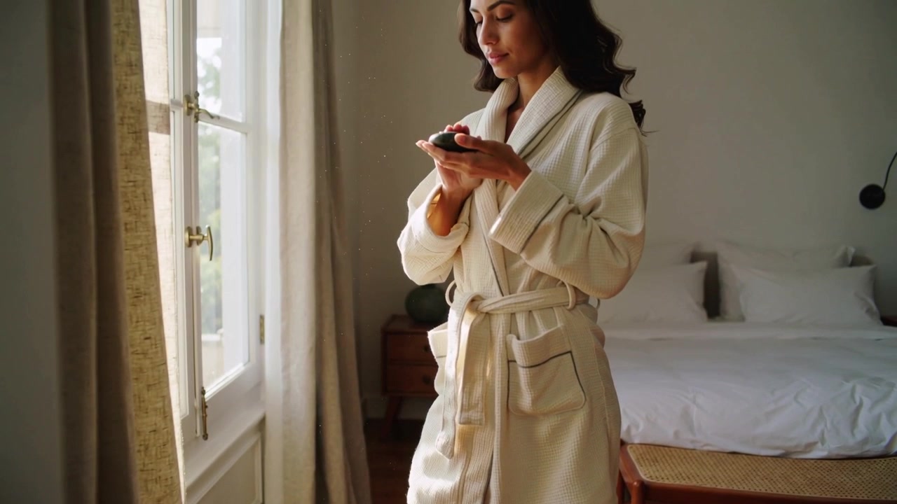 Donna in vestaglia color crema alla luce del sole, che solleva un compatto e applica crema per la cura della pelle alla finestra della camera da letto