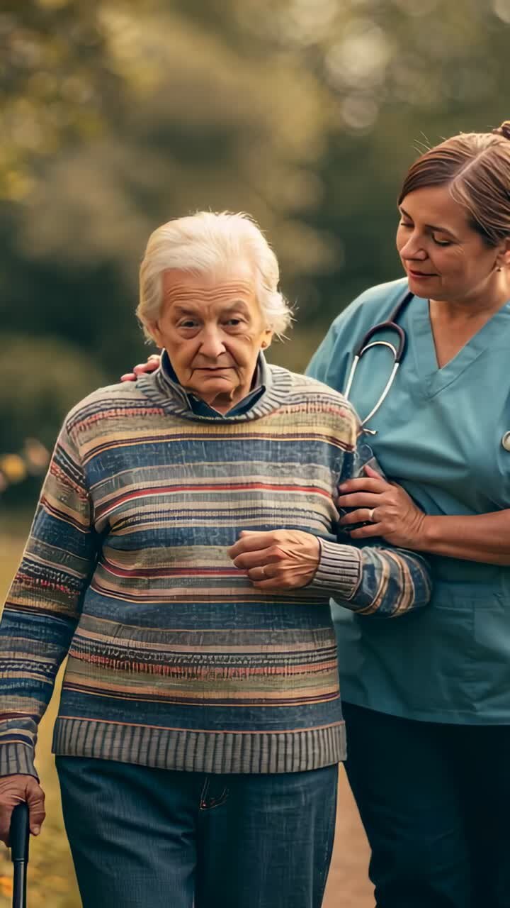 Vertical video: Walking senior steps in park, nurse in scrubs placing hand to steady, stethoscope