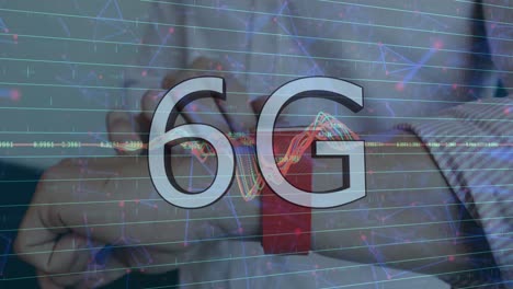 animation of graphsand 6g over hands of caucasian businessman using smartwatch