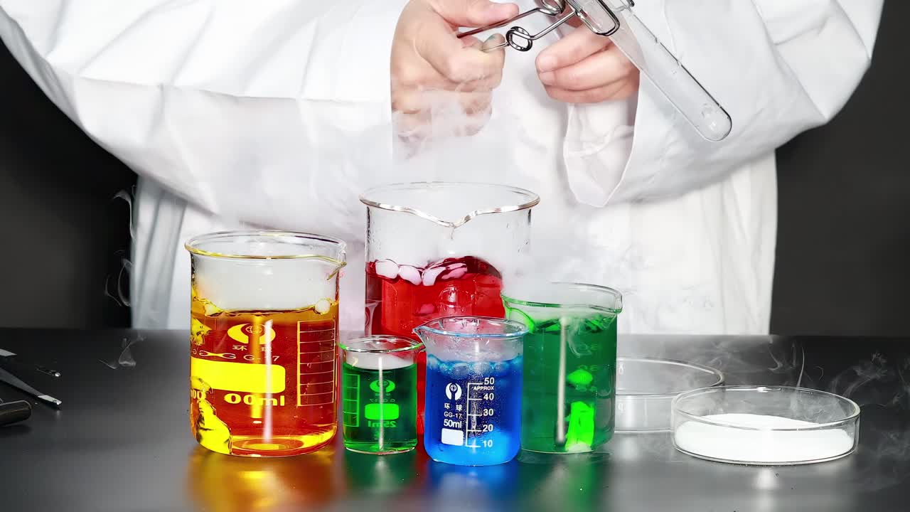 A scientist mixes vibrant liquids in beakers, observing reactions and changes in color and smoke.