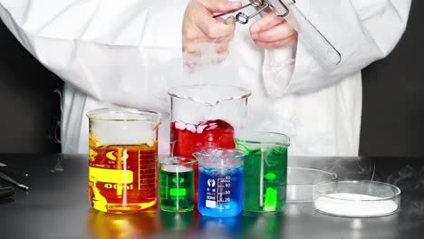 a scientist mixes vibrant liquids in beakers, observing reactions and changes in color and smoke.