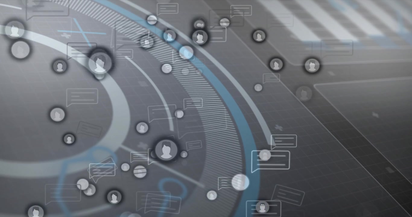 Blue segment appearing, sweeping track, nodes shifting, chat fading, lines animating network flow