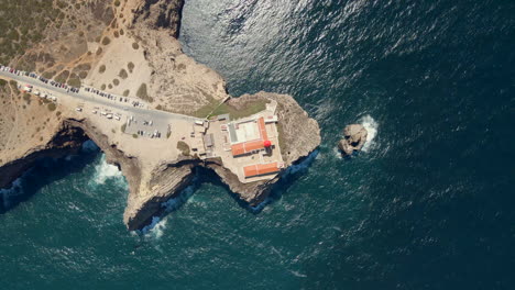 aerial overhead view of the cape saint vicente lighthouse located on top of the cliffs at the most southwestern point of portugal