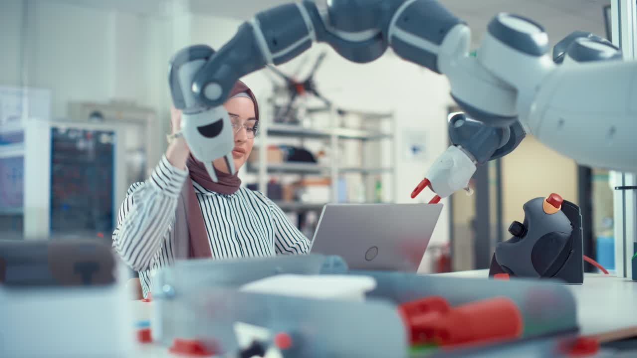 Modern Office: Portrait of Muslim Businesswoman Wearing Hijab Works on Engineering Project, Coding at Laptop and Changes Robot Hand Position. Empowered Engineer Have Startup Project