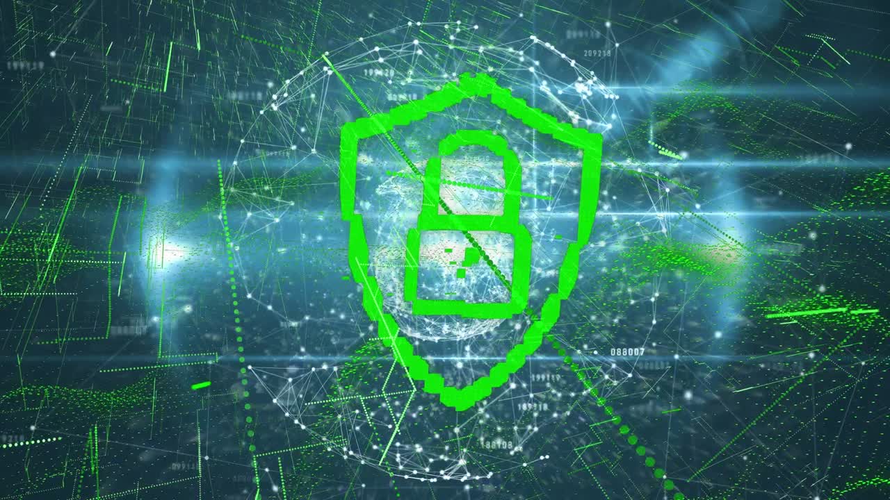 사이버 보안은 방패 아이콘과 녹색 빛 트레일에 대한 연결 네트워크의 세계입니다.