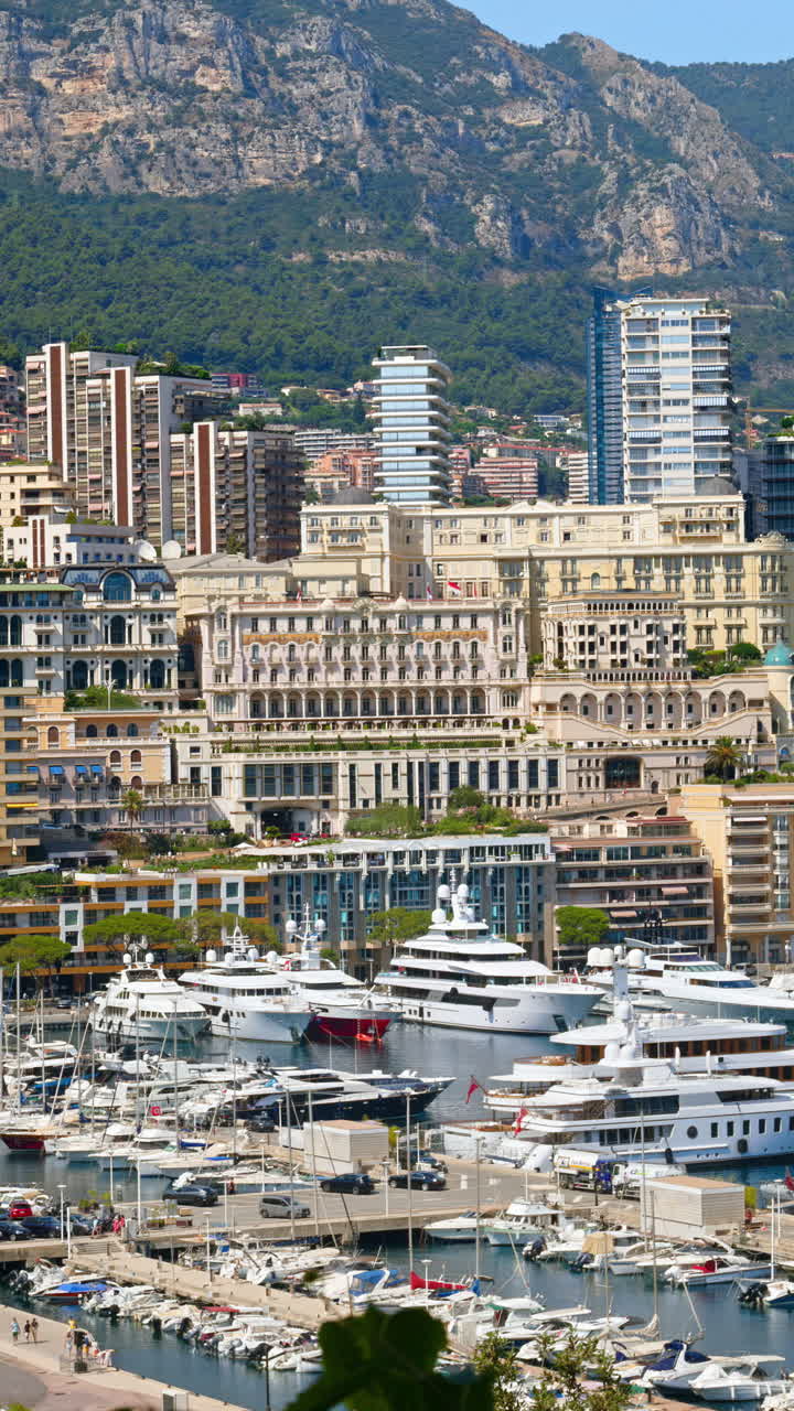 View of boats docked in the Monaco Marina with the skyline of the city on the background. Vertical
