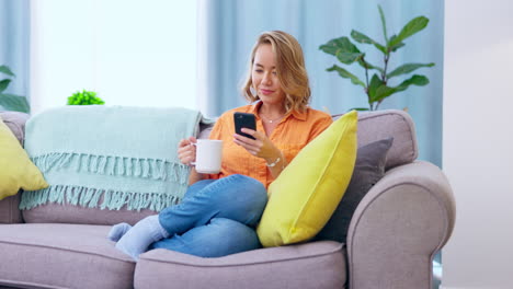 phone, coffee and asian woman on couch relax