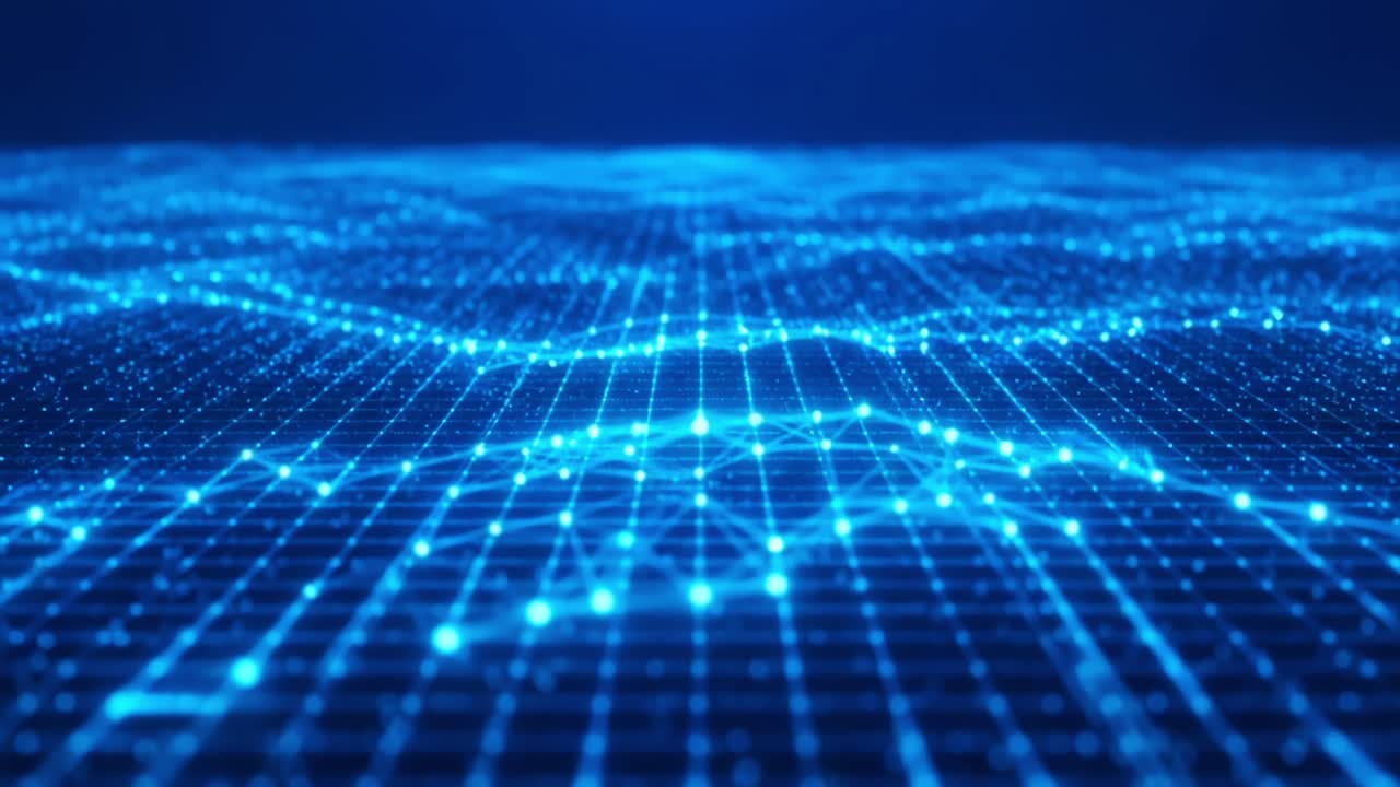 Dynamic Visualization of Blue Digital Waves with Illuminated Nodes and Grid Structure, Showcasing the Complexity of Data Flow and Connectivity in a Virtual Environment