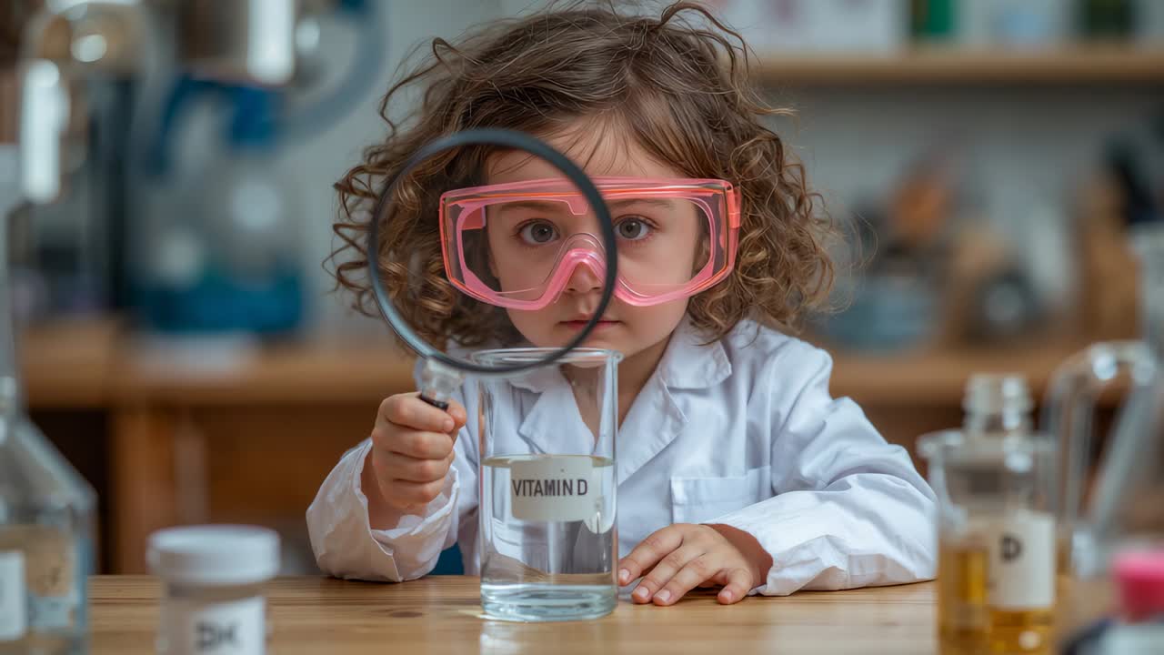 Lifting magnifying glass, girl peering, studying VITAMIN D beaker in lab, in pink goggles, lab coat