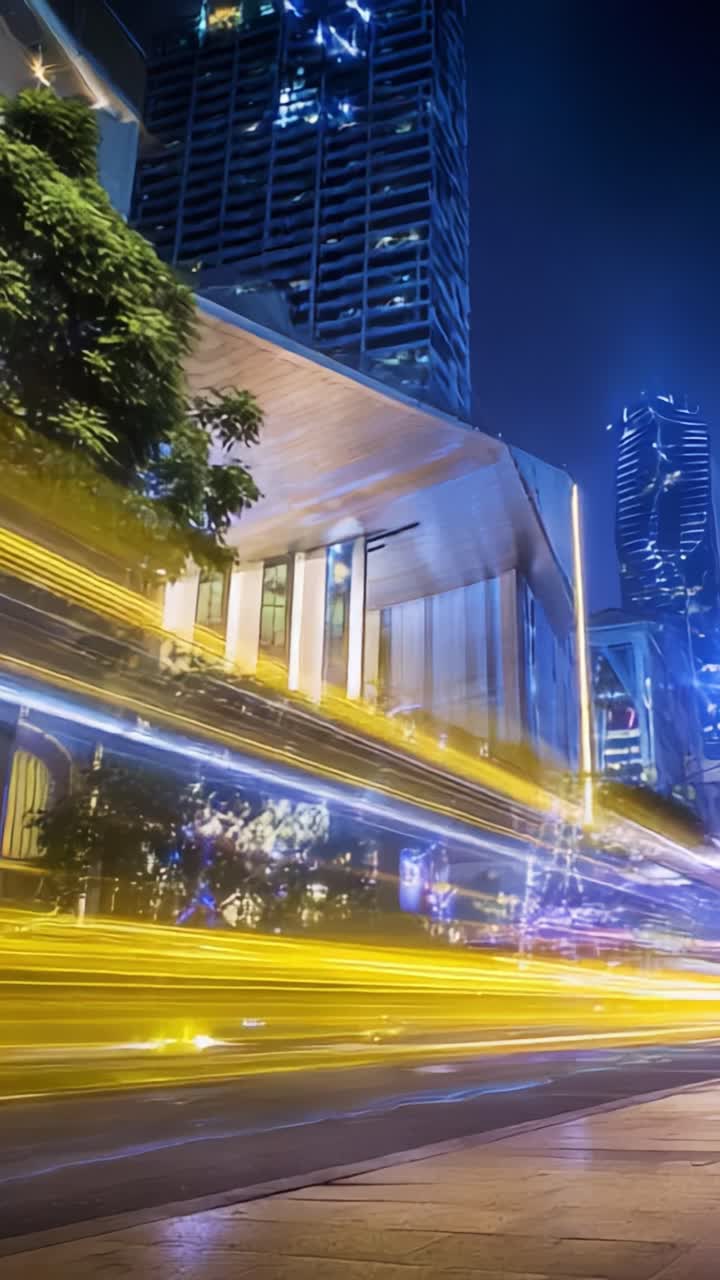 Paisagem Noturna Dinâmica: capturando a energia vibrante de uma cidade com rastros de luz desfocados e arquitetura iluminada em um ambiente urbano moderno