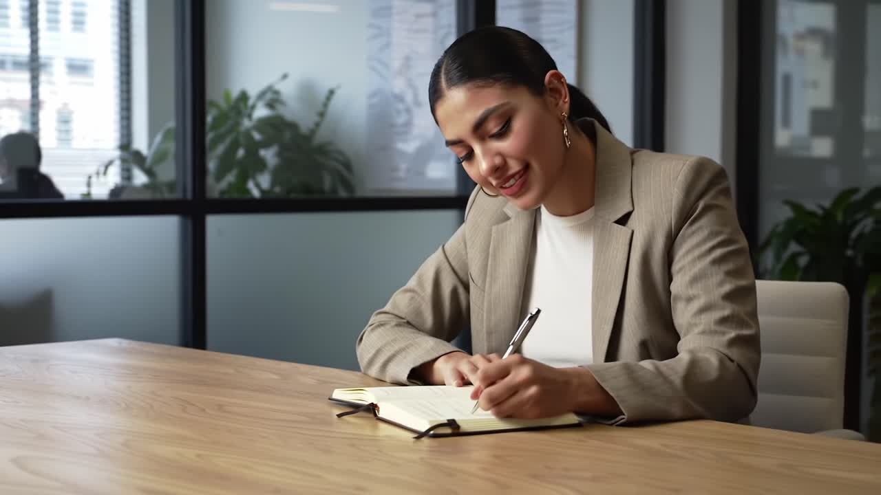 A Professional Woman Engaged in Creative Writing Amid a Minimalist ...