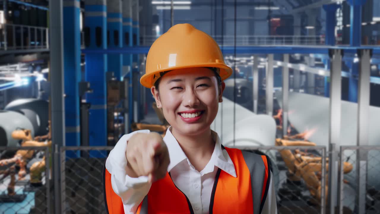 안전 헬을 입은 아시아 여성 엔지니어가 풍력 터빈 제조 공장에서 서서 웃고 가을 만지고 로 팔이 작동하는 동안 당신을 가리키고 있습니다.