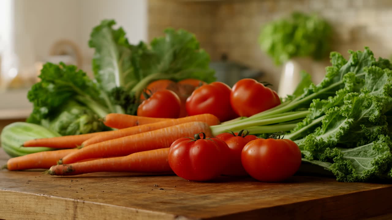Verdure fresche biologiche su un piano di lavoro in legno