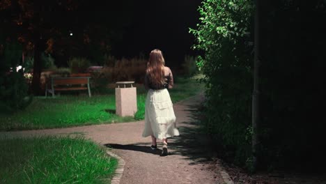 the silhouette of a young girl with long hair walks along a path illuminated by lamps in a park at night in summer