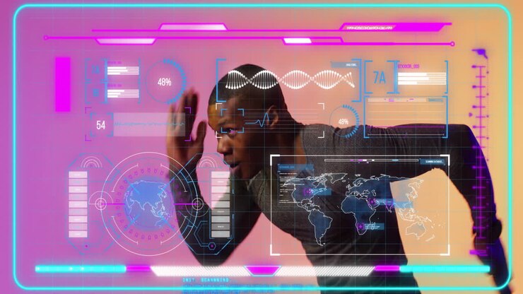 Animation of screens with data processing over african american man running
