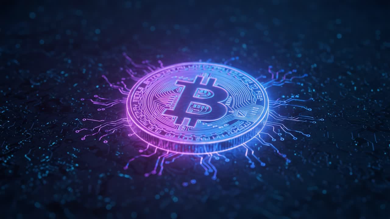 An Artistic Representation of a Bitcoin with Vibrant Neon Colors and Digital Circuit Patterns, Symbolizing the Intersection of Cryptocurrency and Technology