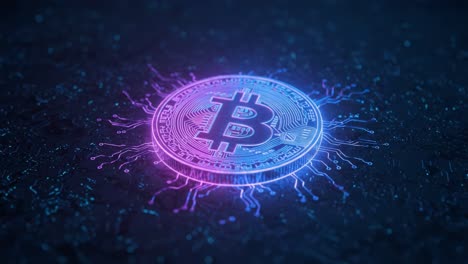 an artistic representation of a bitcoin with vibrant neon colors and digital circuit patterns, symbolizing the intersection of cryptocurrency and technology