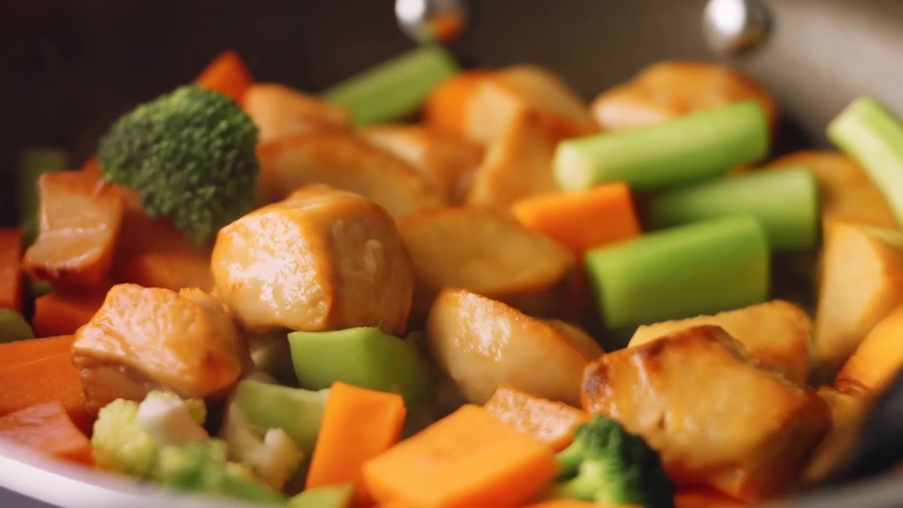 Verdure in cottura in cucina, con carote, broccoli, fagiolini, da una prospettiva ravvicinata, con accenti arancioni e verdi, e un'atmosfera calda e invitante, che mostra chiaramente l'azione principale e il luogo