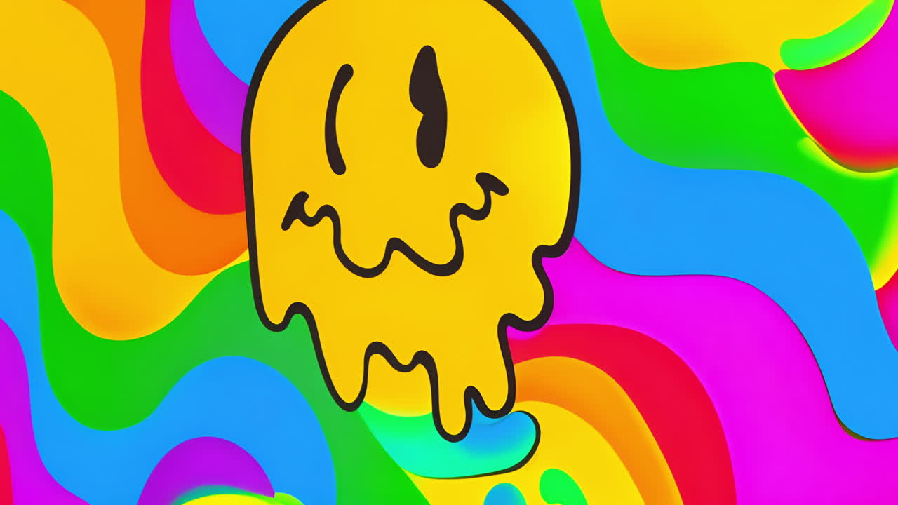 Melting smiley face animation over vibrant, colorful psychedelic background