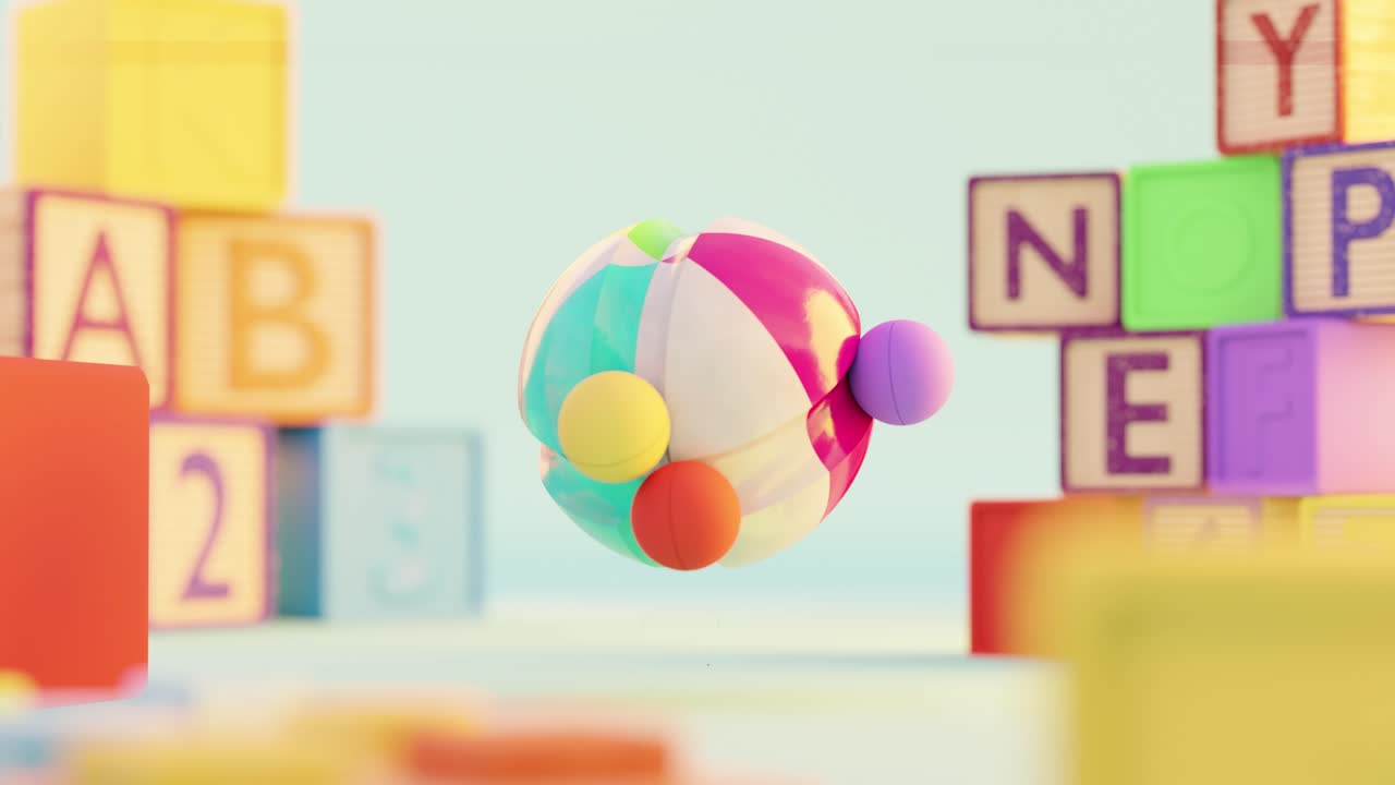 3D rendering of small colorful balls rolling on smooth sphere in loop playschool