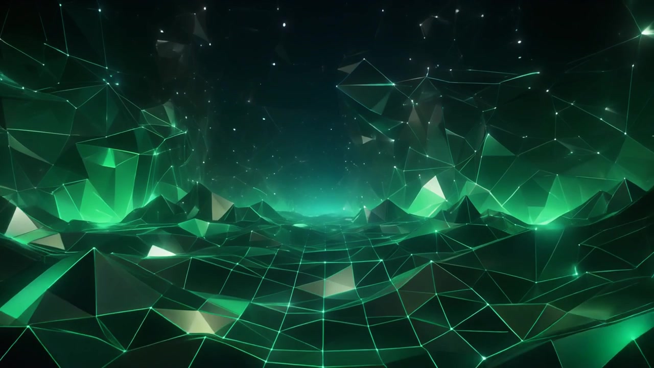 Abstract Digital Landscape with Glowing Green Geometric Mesh